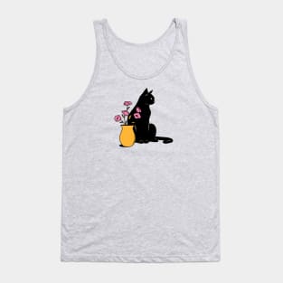 Playful Black Cat in pink Tank Top